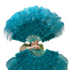 Abanico de plumas de avestruz de marabú verde azulado 21&quot;x 38&quot; con bolsa de cuero de viaje
