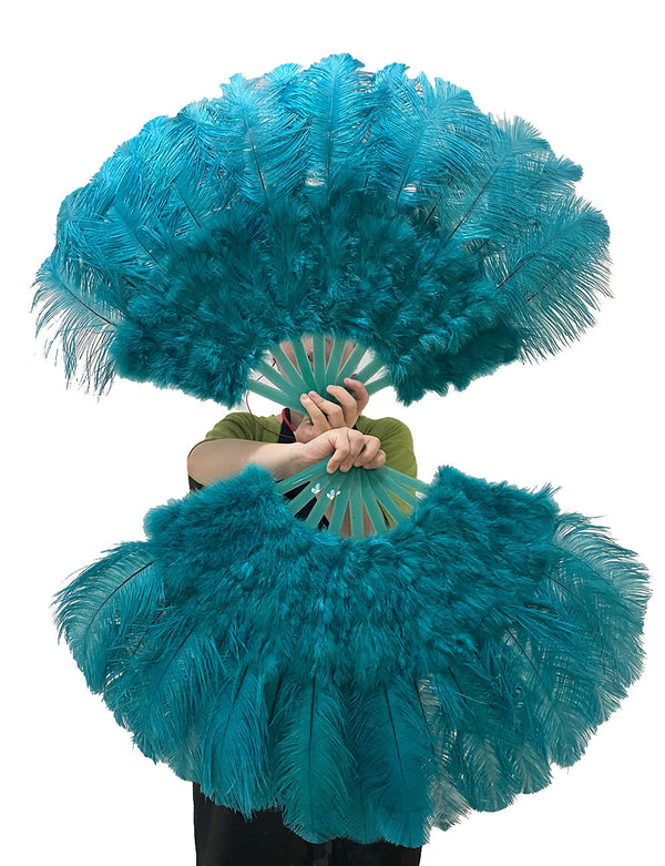 Abanico de plumas de avestruz de marabú verde azulado 21