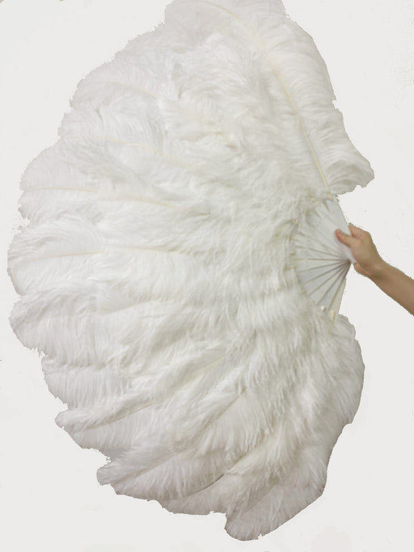 A pair of white XL 2 Layers Ostrich Feather Fan 34''x 60'' with aluminum staves