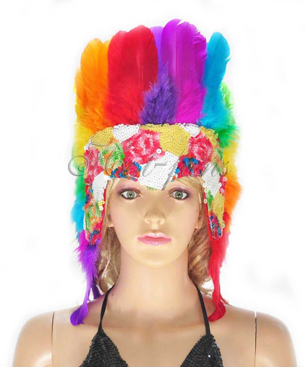 Lantejoulas de penas de arco-íris coroa las vegas dançarina showgirl cocar.