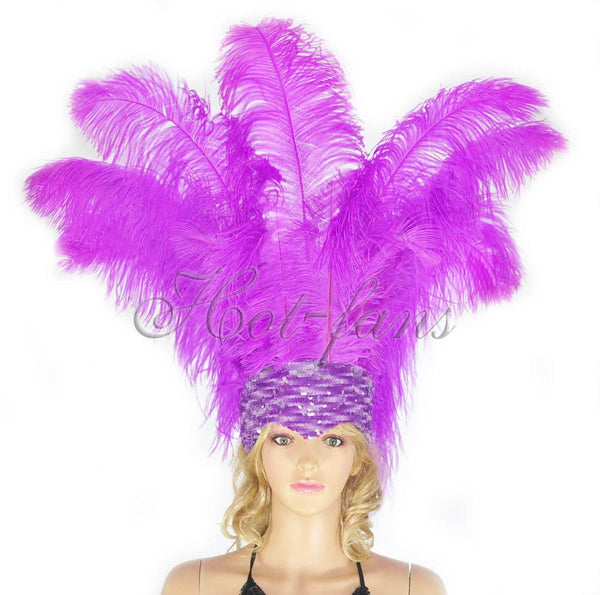 Lavendelfarbener Showgirl-Kopfschmuck aus Straußenfedern mit offenem Gesicht.