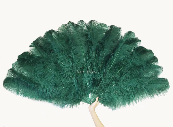Abanico de plumas de avestruz de 3 capas, color verde bosque, abierto 65&quot; con bolsa de viaje de cuero.