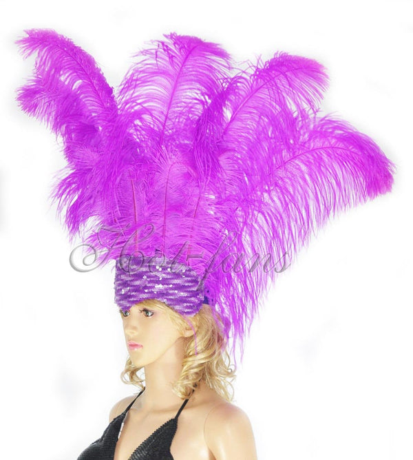 Lavendelfarbener Showgirl-Kopfschmuck aus Straußenfedern mit offenem Gesicht.