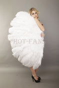 Load image into Gallery viewer, White 3 Layers Ostrich Feather Fan Opened 65" with Travel leather Bag.
