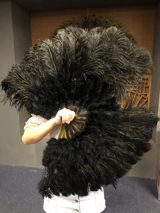 Black Marabou Ostrich Feather fan 21"x 38" with Travel leather Bag.