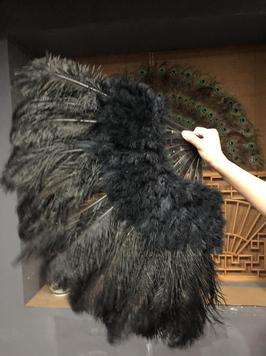 Black Marabou Ostrich Feather fan 21"x 38" with Travel leather Bag.