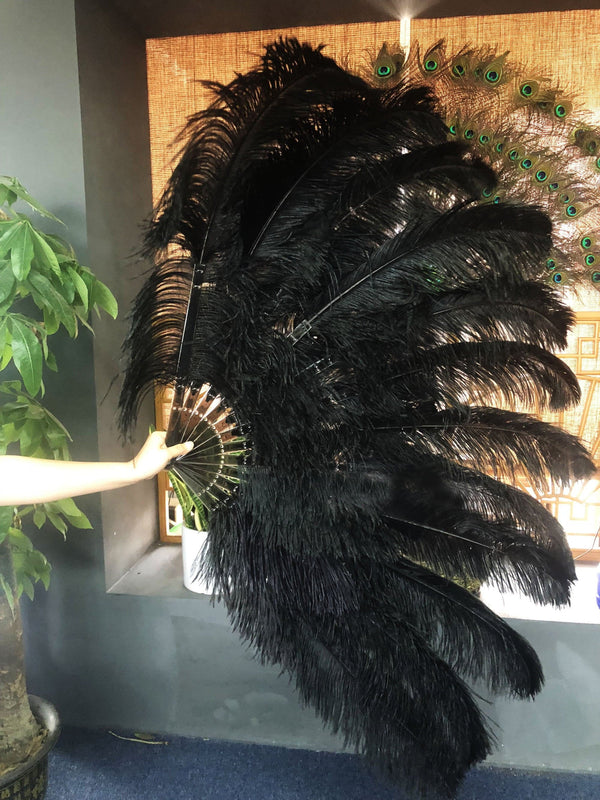 Abanico XL 2 capas de pluma de avestruz negro 34''x 60 '' con bolsa de viaje de cuero.