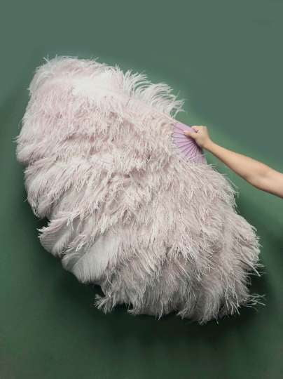 Beige wood 3 Layers Ostrich Feather Fan Opened 65" with Travel leather Bag.