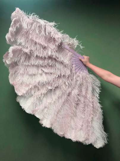 Beige wood 3 Layers Ostrich Feather Fan Opened 65