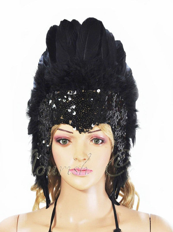 Corona de lentejuelas de plumas negras tocado de tocado de bailarina showgirl de las vegas.