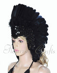 Load image into Gallery viewer, Black feather sequins crown las vegas dancer showgirl headgear headdress.
