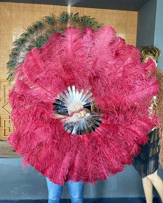 Burgundy single layer Ostrich Feather Fan Full open 180 ° with Travel leather Bag - hotfans