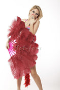 Load image into Gallery viewer, Burgundy single layer Ostrich Feather Fan with leather travel Bag 25"x 45".
