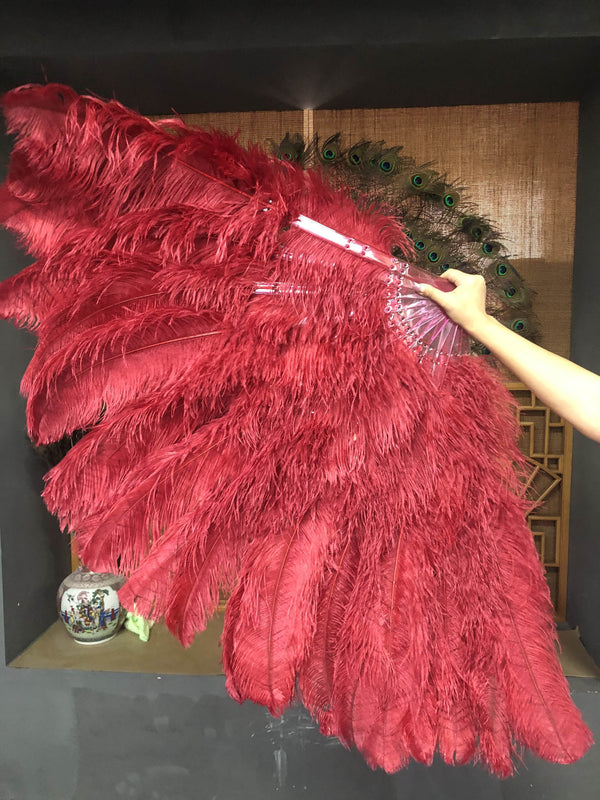 Burgundy 3 Layers Ostrich Feather Fan Opened 65