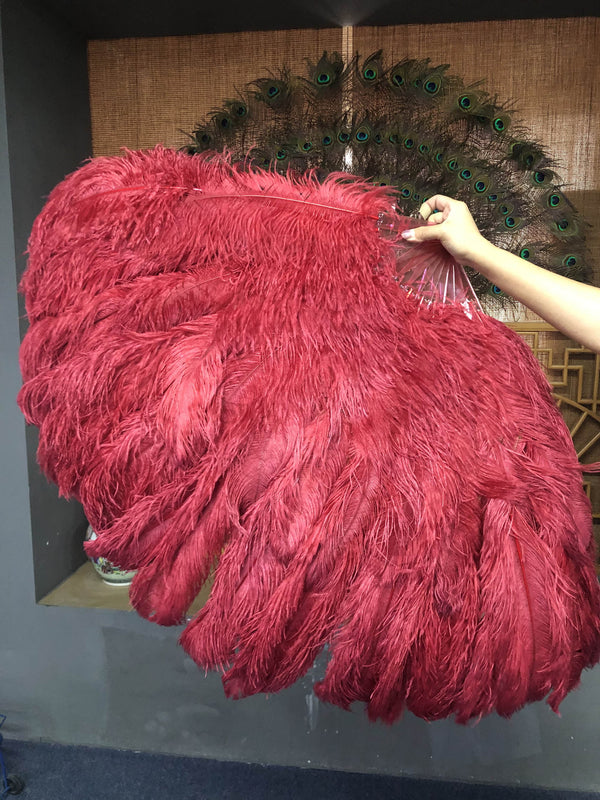 Burgundy 3 Layers Ostrich Feather Fan Opened 65