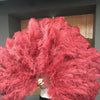 Abanico de plumas de avestruz de 3 capas de color burdeos abierto 65 "con bolsa de viaje de cuero.