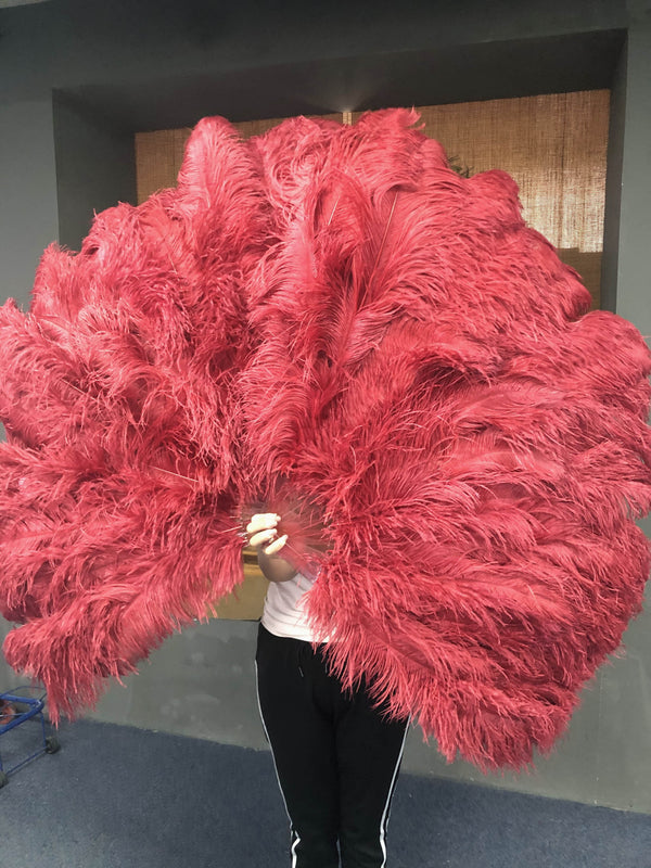 Burgundy 3 Layers Ostrich Feather Fan Opened 65" with Travel leather Bag.