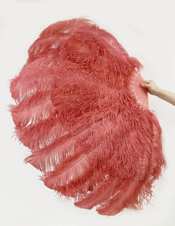 Ventilador de penas de avestruz vermelho coral de 2 camadas XL 34&#39;&#39;x 60&#39;&#39; com bolsa de couro de viagem.
