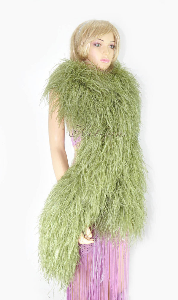 Boa de plumas de avestruz de lujo de 20 capas de color verde oliva de 180 cm de largo.