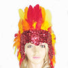 Corona de lentejuelas de plumas de fuego tocado de tocado de bailarina showgirl de las vegas.