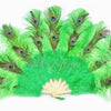 Abanico de plumas de avestruz de marabú y pavo real verde esmeralda de 24&quot;x43&quot; con bolsa de cuero de viaje.