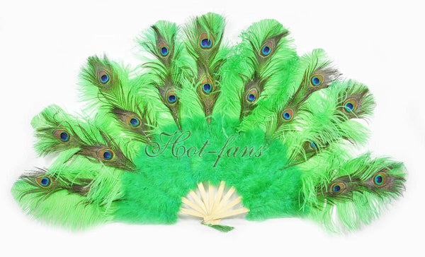 emerald green Peacock Marabou Ostrich Feathers Fan 24"x43" With Travel leather Bag.