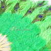 Abanico verde esmeralda con plumas de avestruz, pavo real, marabú, 24 "x43" con bolsa de viaje de cuero.