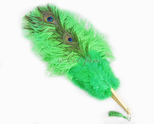 emerald green Peacock Marabou Ostrich Feathers Fan 24"x43" With Travel leather Bag.