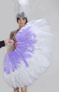 Load image into Gallery viewer, Mix white & aqua violet 2 Layers Ostrich Feather Fan 30''x 54'' with Travel leather Bag.
