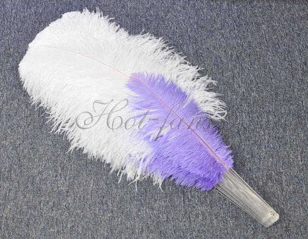 Abanico de plumas de avestruz de 2 capas en blanco y violeta aguamarina de 30&#39;&#39;x 54&#39;&#39; con bolsa de viaje de cuero.