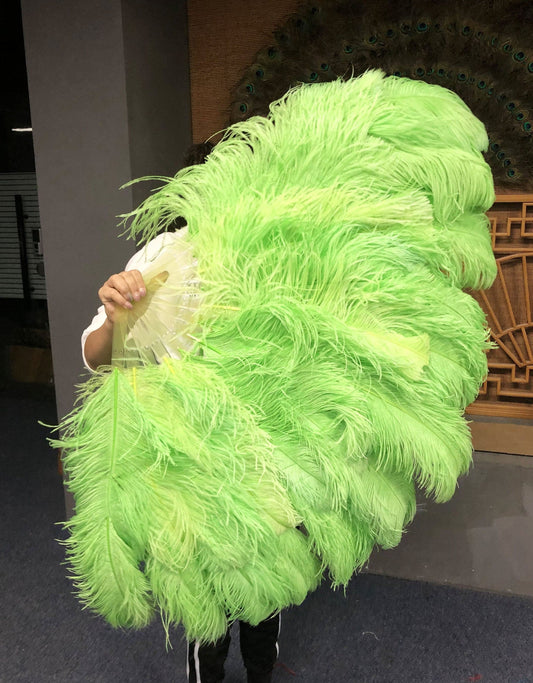 XL 2 Layers Fluorescent green Ostrich Feather Fan 34''x 60'' with Travel leather Bag.