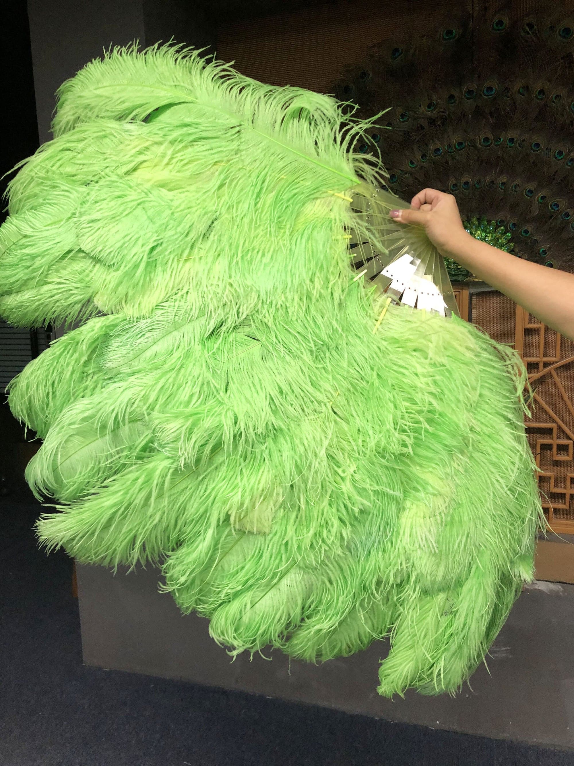 XL 2 Layers Fluorescent green Ostrich Feather Fan 34''x 60'' with Travel leather Bag.