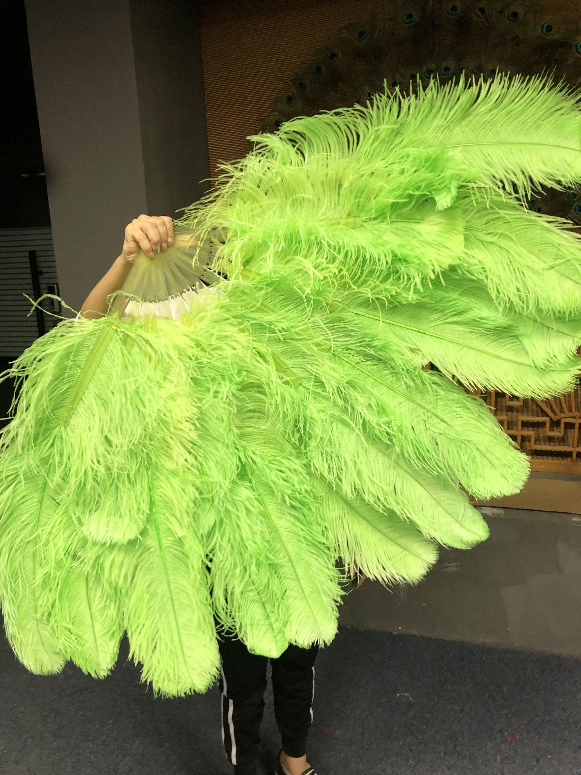 XL 2 Layers Fluorescent green Ostrich Feather Fan 34''x 60'' with Travel leather Bag.