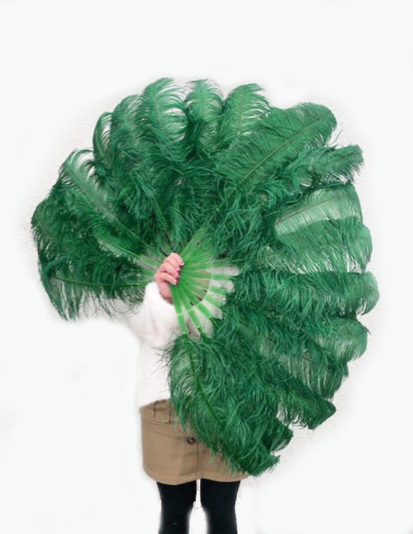 A pair forest green Single layer Ostrich Feather fan 24