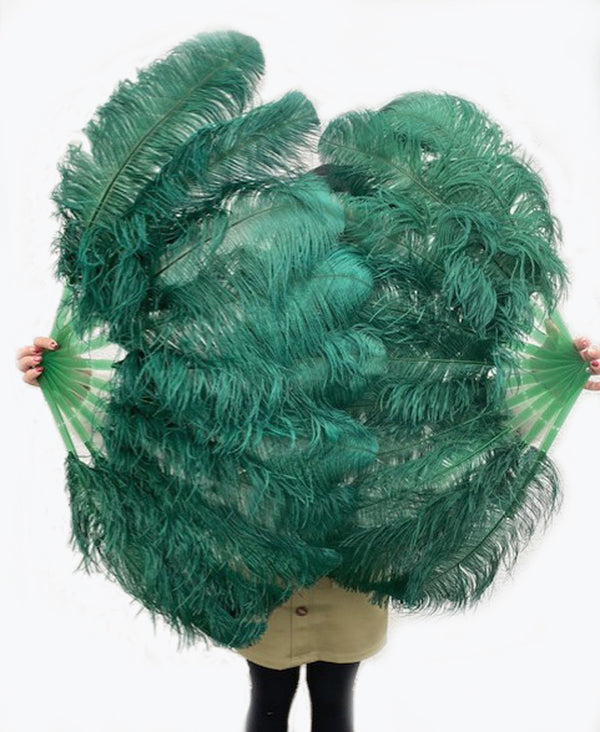 A pair forest green Single layer Ostrich Feather fan 24