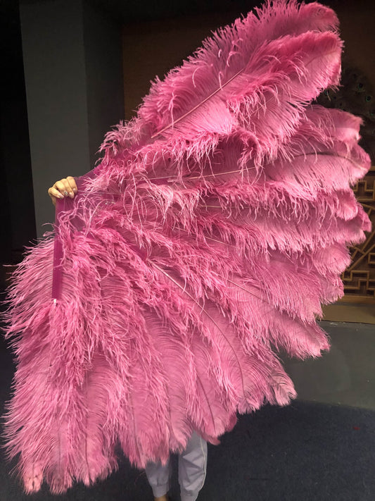 Fuchsia 3 Layers Ostrich Feather Fan Opened 65" with Travel leather Bag.