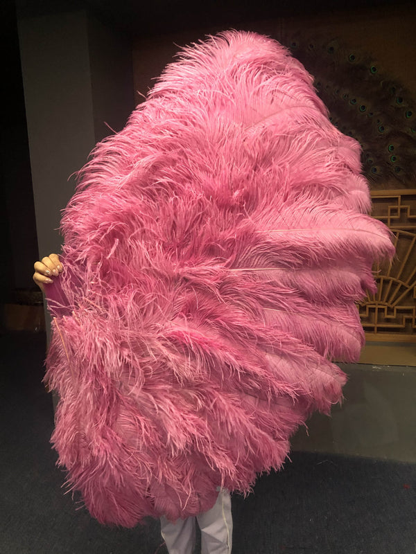 Fuchsia 3 Layers Ostrich Feather Fan Opened 65" with Travel leather Bag.