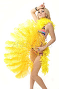 Load image into Gallery viewer, Gold yellow single layer Ostrich Feather Fan with leather travel Bag 25"x 45".
