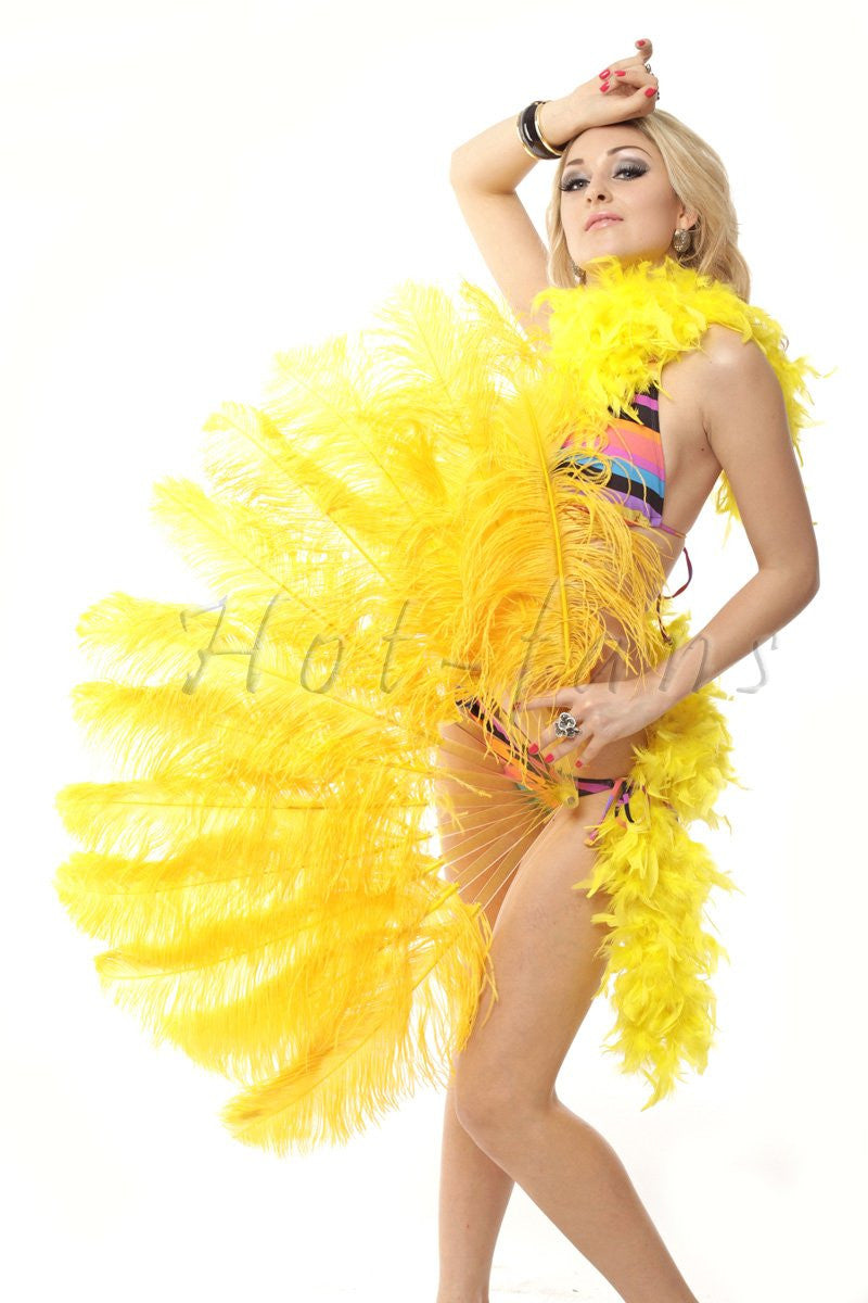 Gold yellow single layer Ostrich Feather Fan with leather travel Bag 25"x 45".