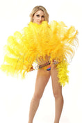 Load image into Gallery viewer, Gold yellow single layer Ostrich Feather Fan with leather travel Bag 25"x 45".
