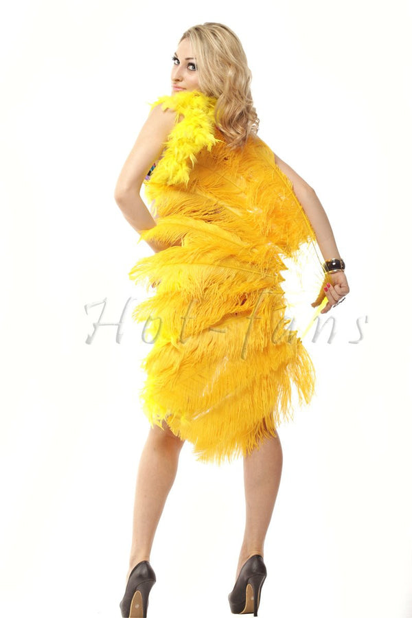 Gold yellow single layer Ostrich Feather Fan with leather travel Bag 25
