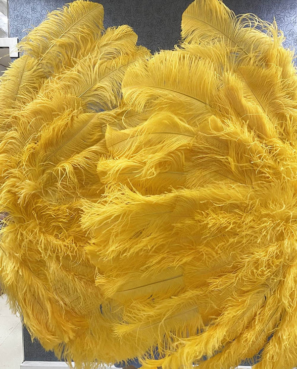 XL 2 Layers Gold yellow Ostrich Feather Fan 34''x 60'' with Travel leather Bag.