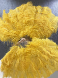 Load image into Gallery viewer, XL 2 Layers Gold yellow Ostrich Feather Fan 34''x 60'' with Travel leather Bag.
