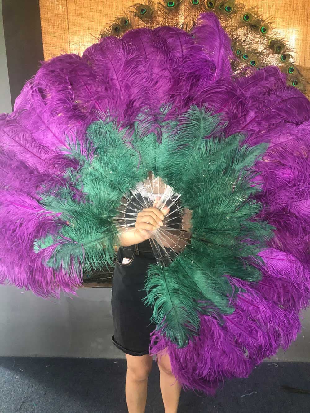 Mix dark purple & forest green 2 Layers Ostrich Feather Fan 30''x 54'' with Travel leather Bag.