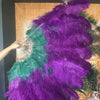 Mezcla violeta oscuro y verde bosque Abanico de plumas de avestruz de 2 capas de 30 '' x 54 '' con bolsa de viaje de cuero.