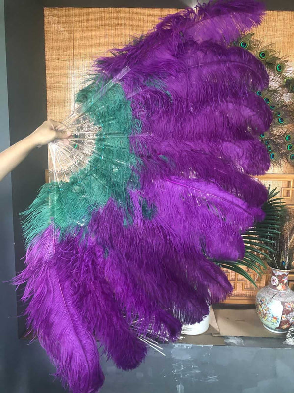 Mix dark purple & forest green 2 Layers Ostrich Feather Fan 30''x 54'' with Travel leather Bag.
