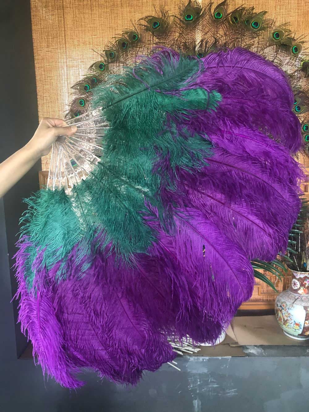 Mix dark purple & forest green 2 Layers Ostrich Feather Fan 30''x 54'' with Travel leather Bag.