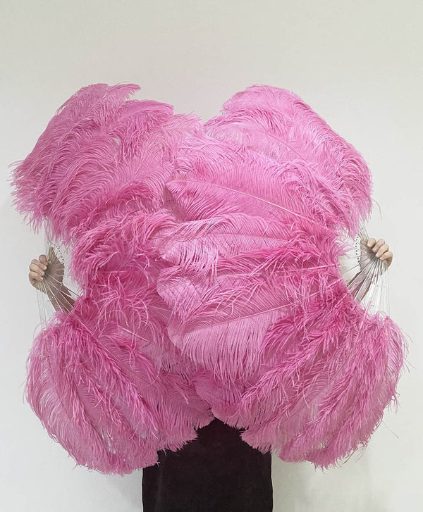 Abanico de plumas de avestruz de una capa Fachsia Apertura completa 180 ° con bolsa de cuero de viaje.