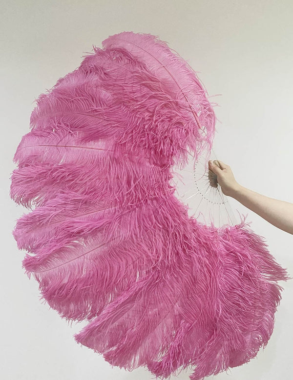 Abanico de plumas de avestruz de una capa Fachsia Apertura completa 180 ° con bolsa de cuero de viaje.
