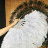 Abanico de plumas de avestruz de marabú gris claro de 21&quot;x 38&quot; con bolsa de viaje de cuero.